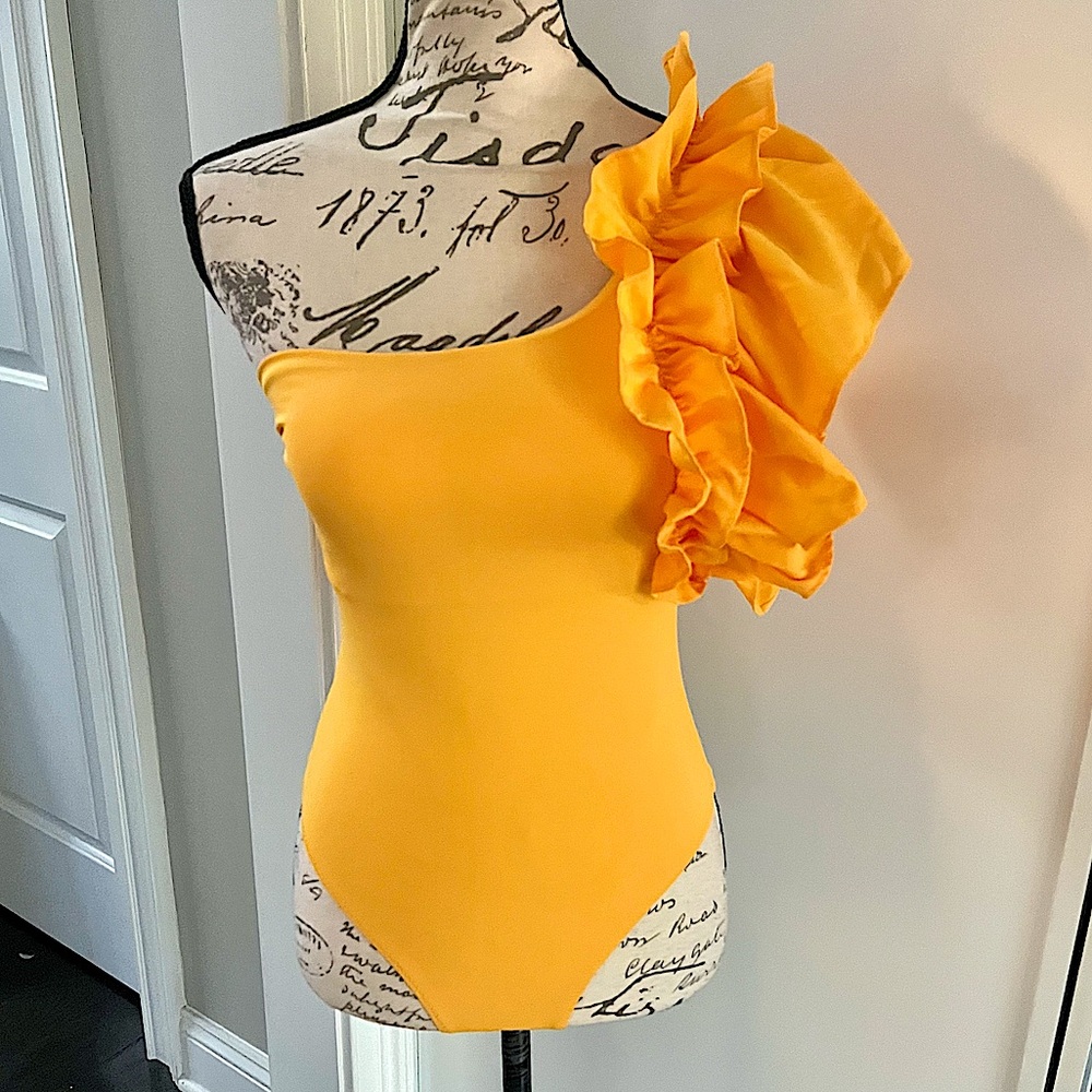 Zara Large Ruffle One Shoulder One Piece Swimsuit in Bright Yellow - Picture 3 of 15